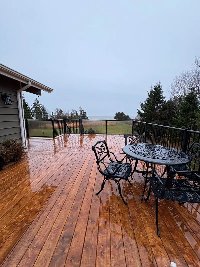 A timber deck with outdoor seating